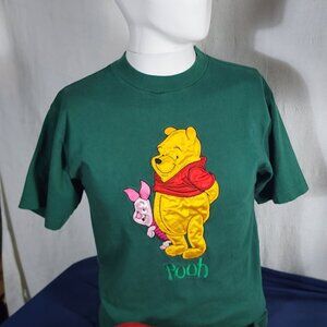 Disney Store Green Vintage Pooh Piglet Embroidered Short Sleeve Cotton Tee Sz S